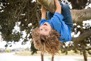 Childhood leisure. Happy kids hanging upside down on tree and having fun in summer park. Monkeying...