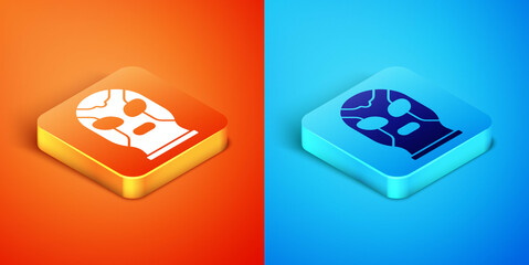 Isometric Mexican wrestler icon isolated on orange and blue background. Vector