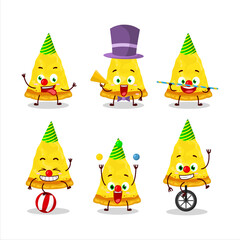 Cartoon character of slice of italian cheese pizza with various circus shows
