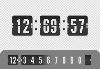 Vintage flip clock time counter vector template. Flip countdown number with shadows isolated on transparent background. Vector illustration template. Scoreboard number font.