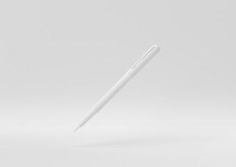 White Pen floating in white background. minimal concept idea creative. monochrome. 3D render.