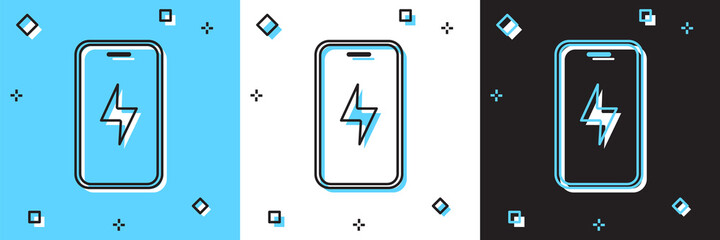 Set Smartphone charging battery icon isolated on blue and white, black background. Phone with a low battery charge. Vector