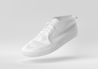 White shoe floating in white background. minimal concept idea creative. origami style. 3D render.