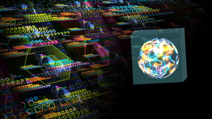 Quantum computer in the cube futuristic technology digital layer dimension holographic  hexagon