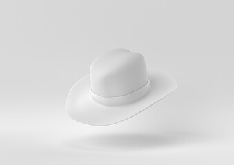 White Cowboy Hat floating in white background. minimal concept idea creative. monochrome. 3D render.