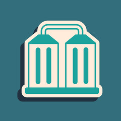 Green Granary icon isolated on green background. Silo with grain, elevator, granary, factory. Warehouse of grain crops. Long shadow style. Vector