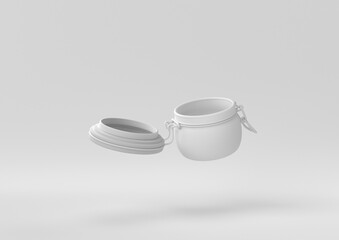 White Jar with an open lid floating in white background. minimal concept idea creative. monochrome. 3D render.