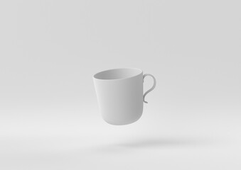 White Mugs or Coffee cup floating in white background. minimal concept idea creative. monochrome. 3D render.