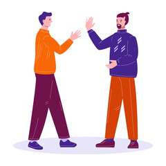 Meeting of two friends. They greet each other, give five. Vector illustration in flat cartoon style. Isolated on a white background.