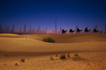 Travel on caravan near Dubai desert with city panorama at sunset - 424649543