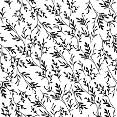 Seamless bitmap image of black branches with leaves on a white background, pattern. Design for wallpaper, fabrics, textiles. 