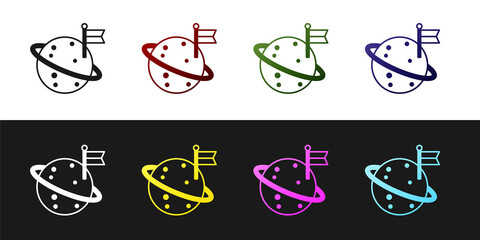 Set Moon with flag icon isolated on black and white background. Vector