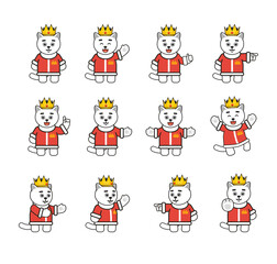 White cat king characters set showing various hand gestures. Modern vector illustration