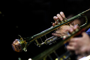 Obraz premium Hands of a musician playing the trumpet in the orchestra close up 