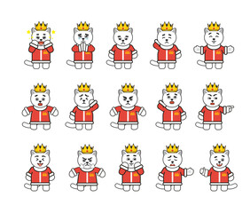 White cat king characters set showing various emotions, facial expressions. Modern vector illustration