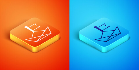 Isometric Folded paper boat icon isolated on orange and blue background. Origami paper ship. Vector