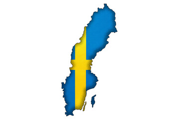 Sweden border silhouette with national flag. Contour country on geography map.
