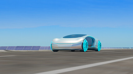 Obraz na płótnie Canvas Electric cars driving on the road, in the background are solar panels. 3d illustration
