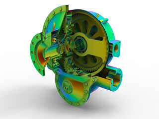3D rendering - gear box section cut FEA analysis © 3DConcepts