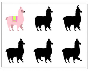 a puzzle game for preschool children. find the right shadow. The llama is cartoon. Silhouette. Vector illustration isolated on a white background