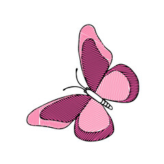 Fototapeta na wymiar Hand-drawn pink vector illustration of one scribble butterfly is flying on a white background for embroidery