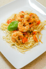 Marinated organic shrimp scampi dish 