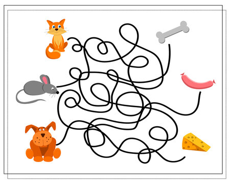 A maze game for kids. where is whose food. guide the cat, dog, mouse through the intricate maze to the right food. Vector isolated on a white background