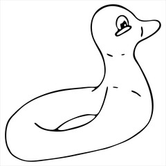 inflatable ring in the form of a bird, a duck for swimming in the sea or pool, vector doodle element, coloring, black and white