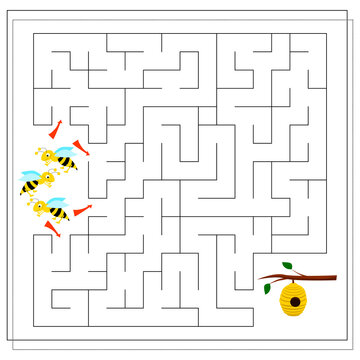 A maze game for kids. guide the bees through the maze to the hive. Vector isolated on a white background.