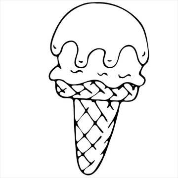 delicious refreshing waffle cone with ice cream, vector doodle element, coloring book, black and white