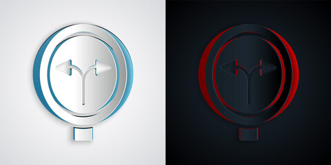 Paper cut Fork in the road icon isolated on grey and black background. Paper art style. Vector