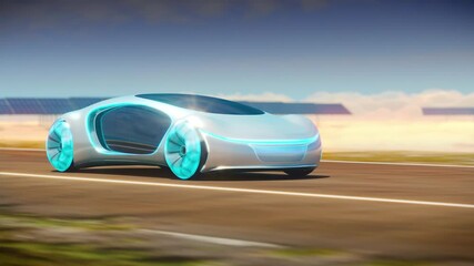 The eco-friendly electric car rides along solar panels.