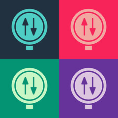 Pop art Road sign warning two way traffic icon isolated on color background. Vector