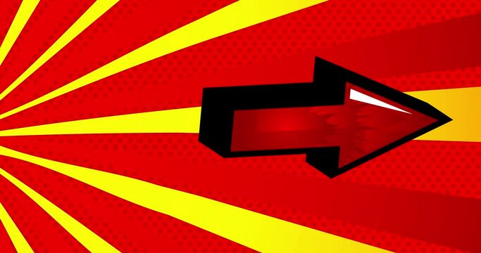 Pop art red arrow animation. Comic book direction sign moving from left to right with a yellow and red radial lines and a halftone pattern background. Flashing arrows cartoon effect, 4k animated.