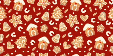 Christmas gingerbread vector seamles pattern. Winter characters in cartoon style. Awesome holiday design background. New year in scandinvian style.