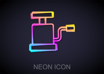 Glowing neon line Car air pump icon isolated on black background. Vector