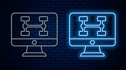 Glowing neon line Hardware diagnostics condition of car icon isolated on brick wall background. Car service and repair parts. Vector