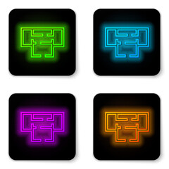 Glowing neon line House plan icon isolated on white background. Black square button. Vector