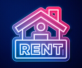 Glowing neon line Hanging sign with text Rent icon isolated on blue background. Signboard with text For Rent. Vector