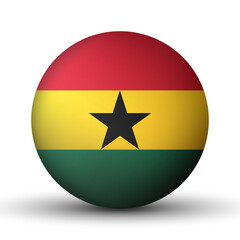 Glass light ball with flag of Ghana. Round sphere, template icon. Ghanaian national symbol. Glossy realistic ball, 3D abstract vector illustration highlighted on a white background. Big bubble