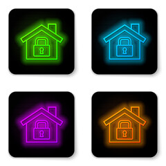 Glowing neon line House under protection icon isolated on white background. Home and lock. Protection, safety, security, protect, defense concept. Black square button. Vector