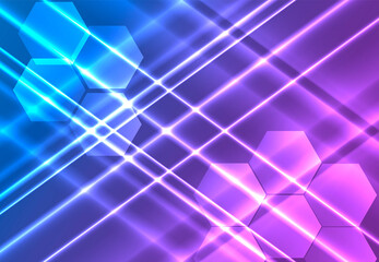Diagonal glowing lines and hexagons on a bright-colored background.