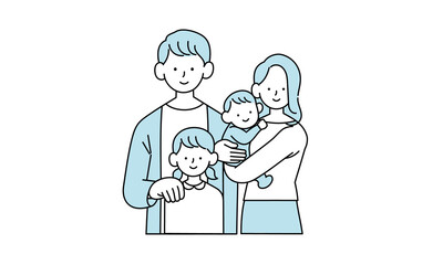 寄り添う笑顔の家族の単色イラスト
