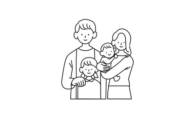 寄り添う笑顔の家族の単色イラスト
