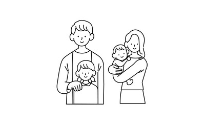 寄り添う笑顔の家族の単色イラスト
