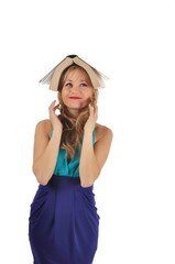 Young woman with glasses and book prepare for the session. Isolated on white