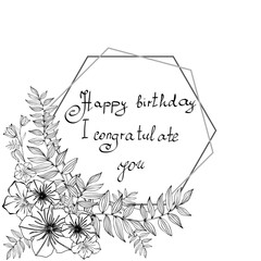 Floral card with text. Black and white design.