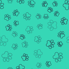 Black line Paw print icon isolated seamless pattern on green background. Dog or cat paw print. Animal track. Vector