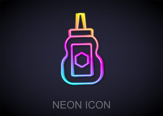 Glowing neon line Jar of honey icon isolated on black background. Food bank. Sweet natural food symbol. Vector