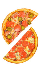 Pizza, two halves isolated on a white background. Versus concept. Appetizing pizza.